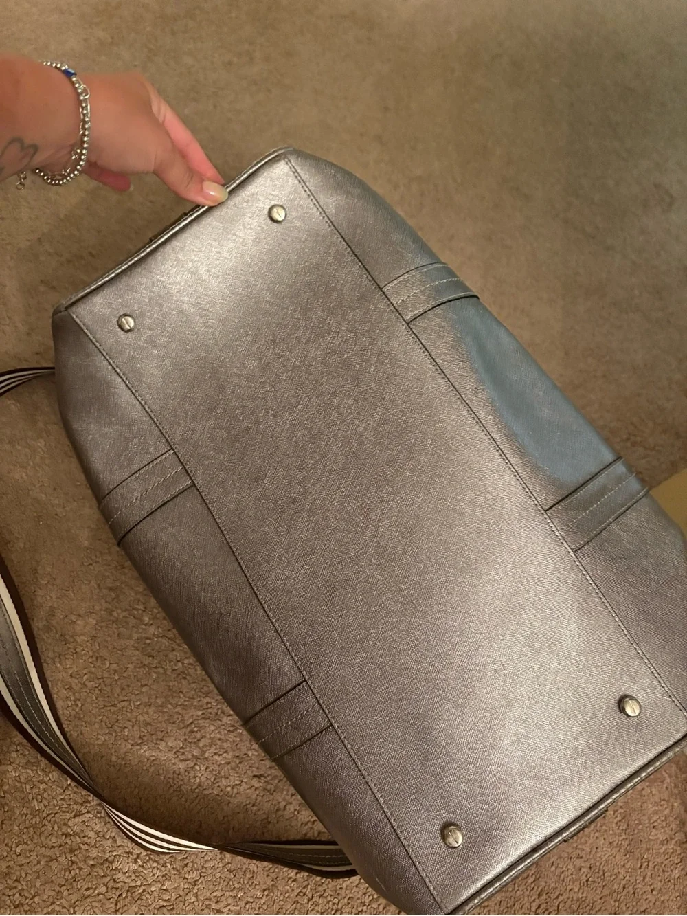 Henri bendel leather Metallic Silver Weekender Bag with Striped Shoulder Strap